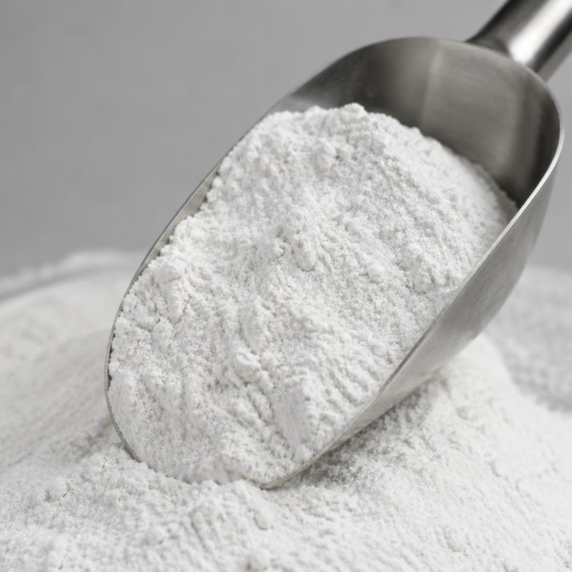 Fine white PVC resin powder in a steel scoop